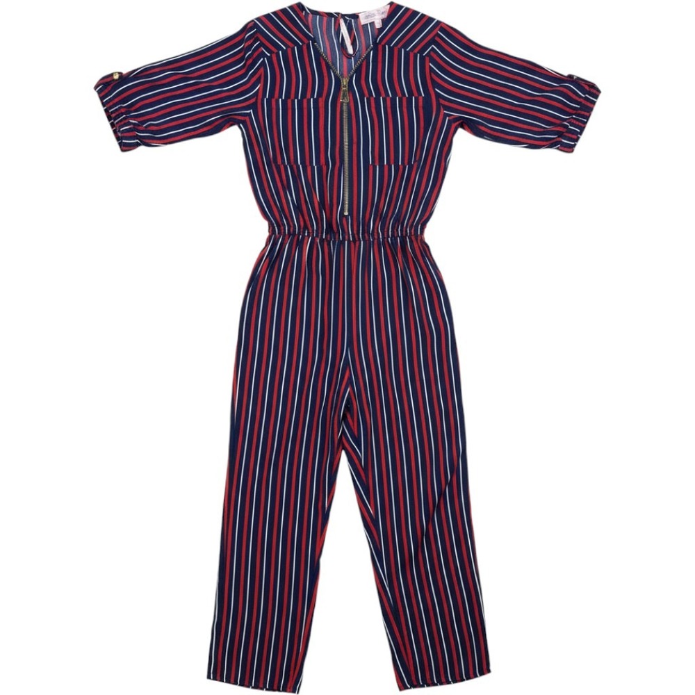 Stella Tweed Girls Navy Red White Striped Zip Front Jumpsuit Small